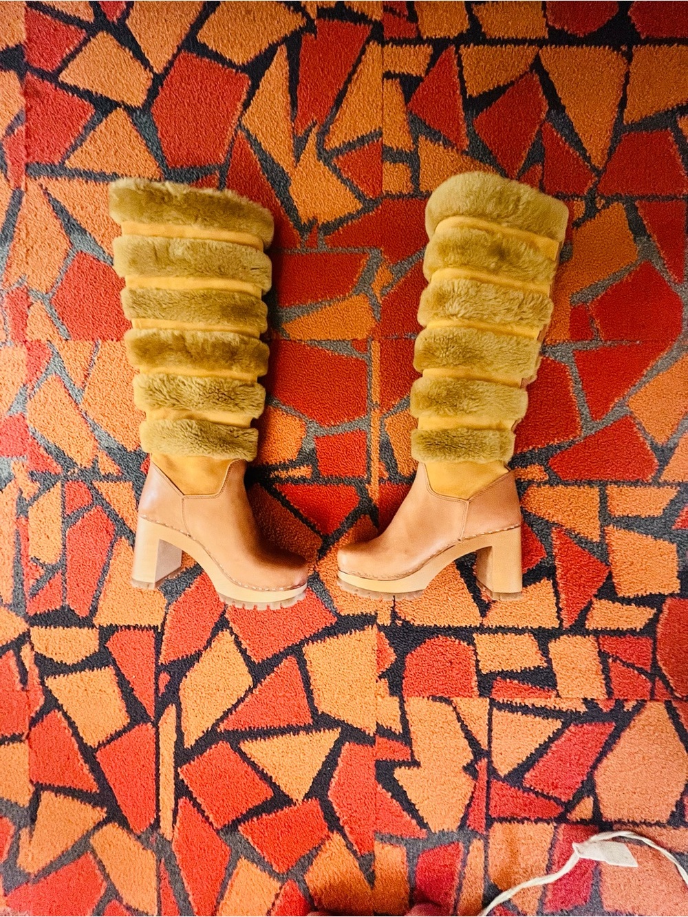 Swedish Hasbeens Mustard Fur-Trim Knee Boots
